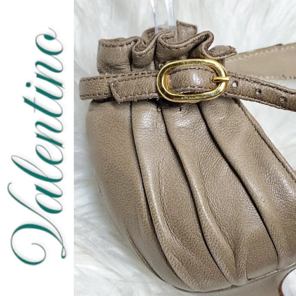 VALENTINO Vintage Taupe Leather Ruffle Accent Open Toe Stiletto Heels, Size 38.5